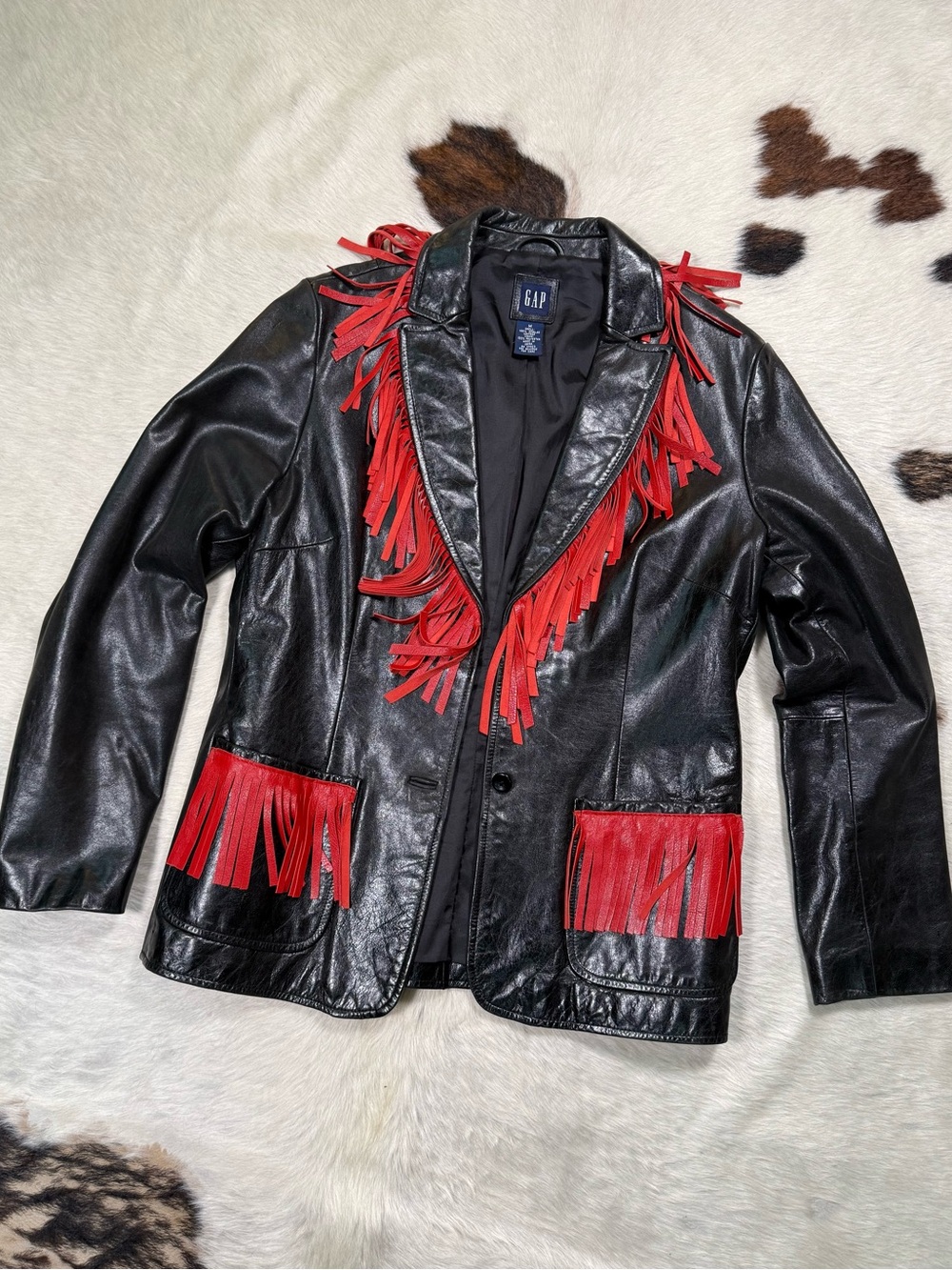Vintage GAP Leather Fringe Jacket | Black & Red Western Moto Coat | M
